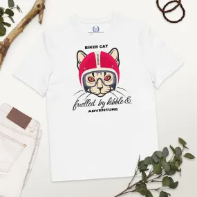 Vegan & Sustainable Cat Themed T-Shirt – Biker Cat Print | Eco-Friendly Cat Lover's Tee