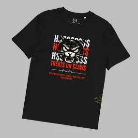 Vegan Organic Cotton T-Shirt – Angry Cat “Treats or Claws” Print