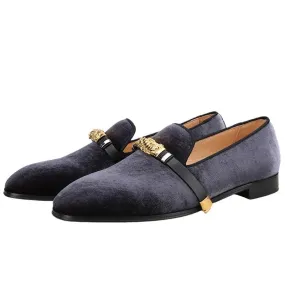 Velvet Men Loafers with Gold Metal Buckle - Men Shoes