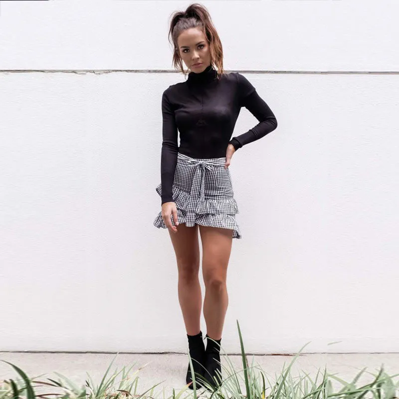 VenusFox Lace up plaid Ruffle high waist short skirt