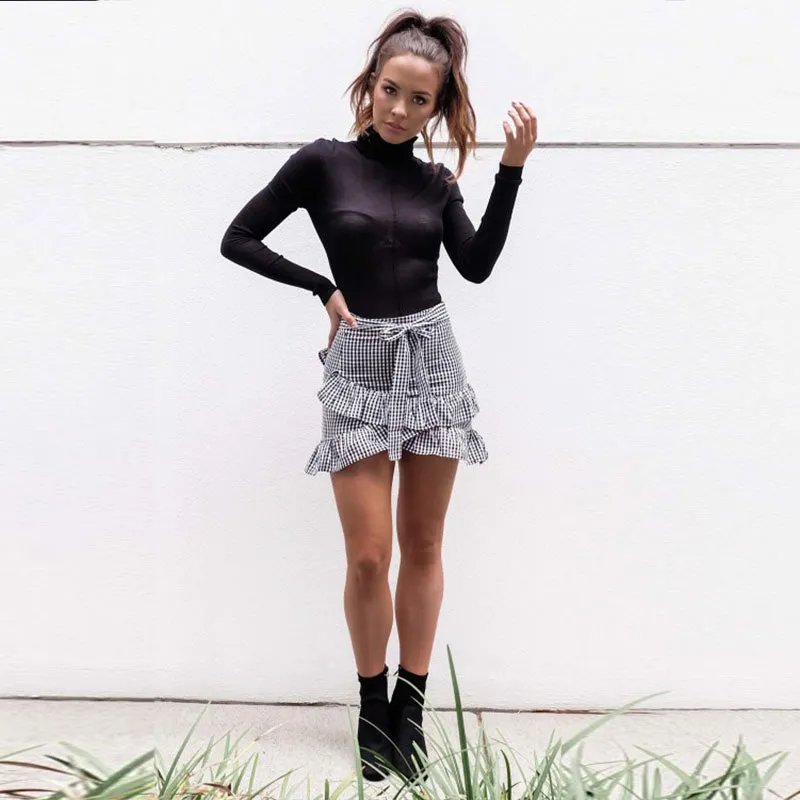 VenusFox Lace up plaid Ruffle high waist short skirt