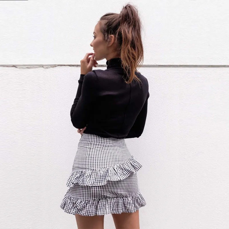 VenusFox Lace up plaid Ruffle high waist short skirt