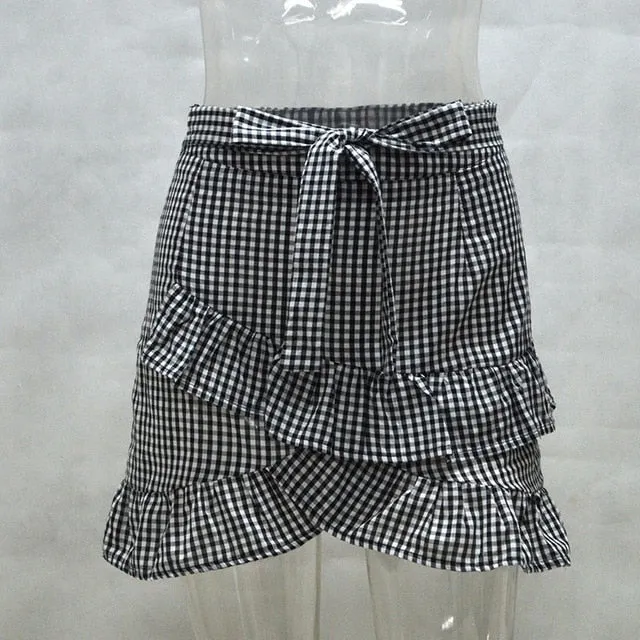 VenusFox Lace up plaid Ruffle high waist short skirt