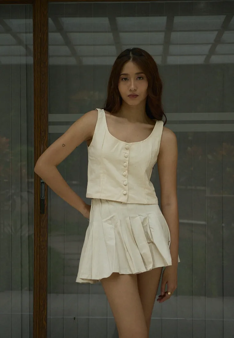 Verity Beige Zipper Fly Elastic Waist Pleated Mini Skirt