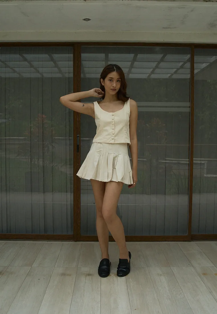 Verity Beige Zipper Fly Elastic Waist Pleated Mini Skirt