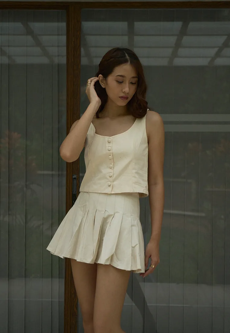 Verity Beige Zipper Fly Elastic Waist Pleated Mini Skirt