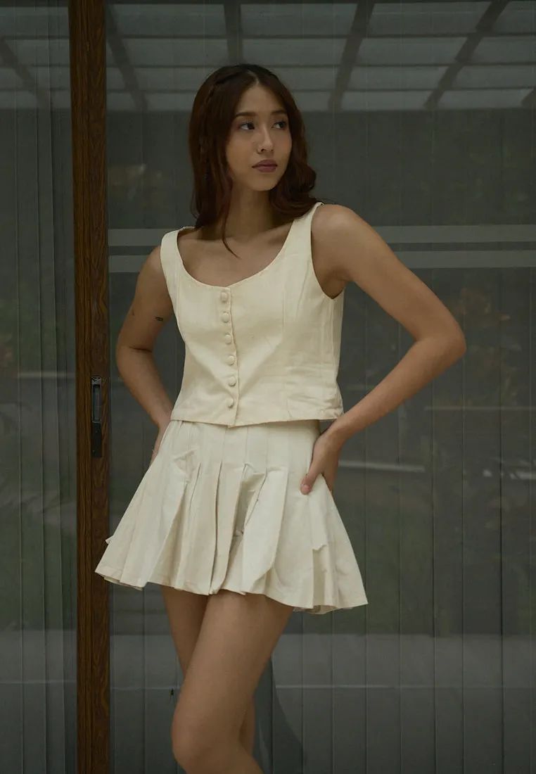 Verity Beige Zipper Fly Elastic Waist Pleated Mini Skirt
