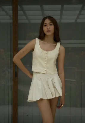Verity Beige Zipper Fly Elastic Waist Pleated Mini Skirt