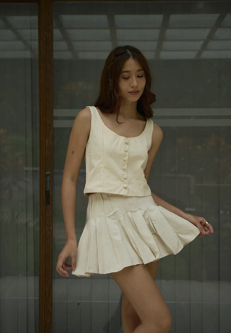 Verity Beige Zipper Fly Elastic Waist Pleated Mini Skirt