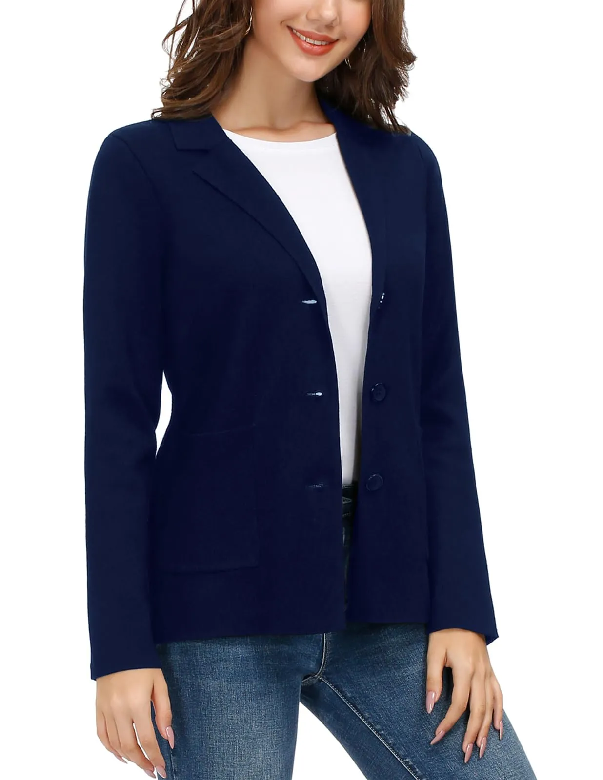 Versatile Business Work Office Suit Blazers Ladies Plus Size Stretch Casual Knit Jackets(XL, Navy Blue)