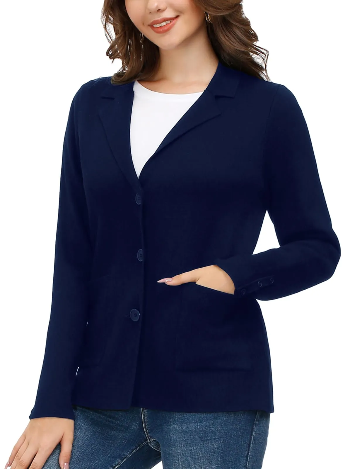 Versatile Business Work Office Suit Blazers Ladies Plus Size Stretch Casual Knit Jackets(XL, Navy Blue)
