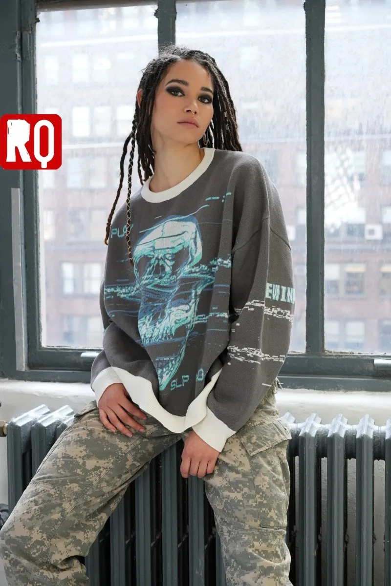 VHS glitch skull knitted sweater