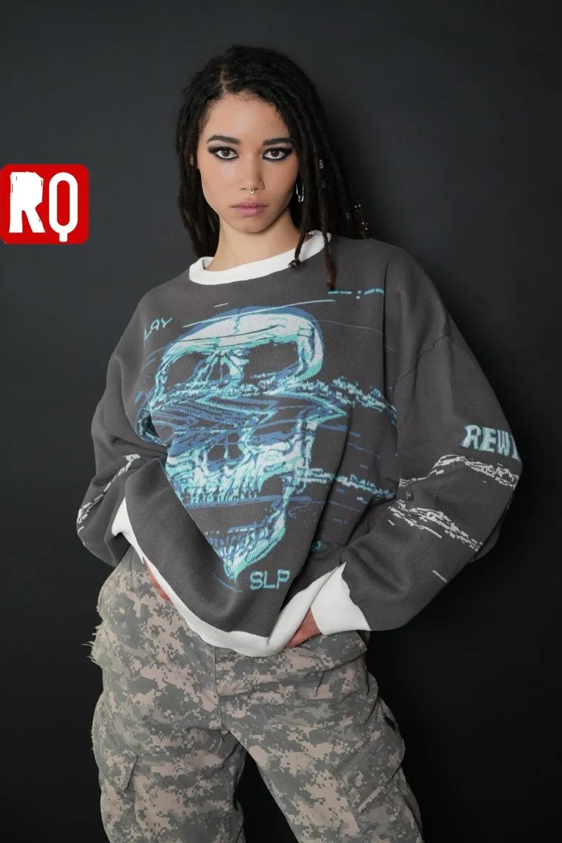 VHS glitch skull knitted sweater