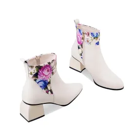 Vibrant & Elegant Floral Embossed Genuine Cowhide Pull-On Round Toe Ankle Boots