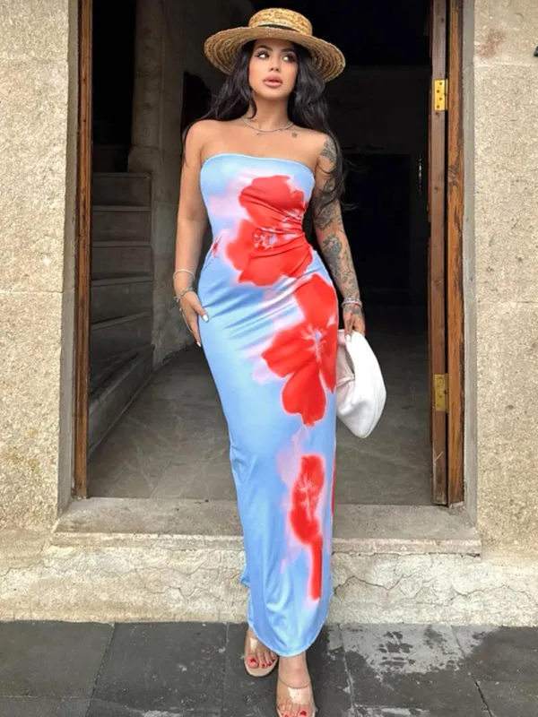 Vibrant Floral Tie-Dye Tube Dress for Summer Parties
