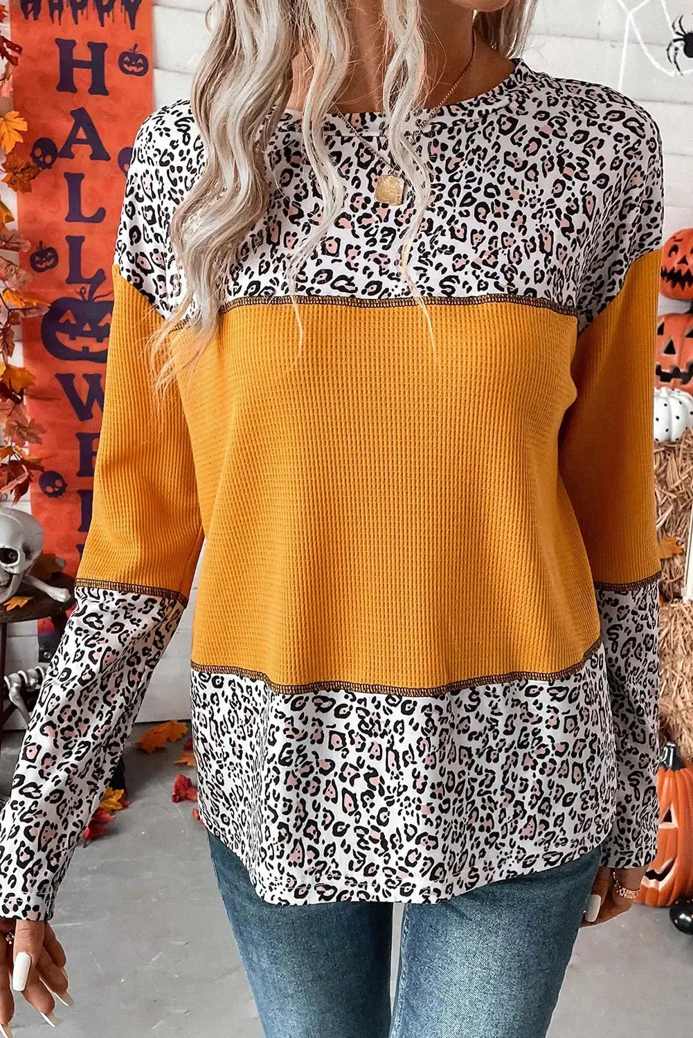 Vibrant Orange Leopard Print Waffle Knit Top
