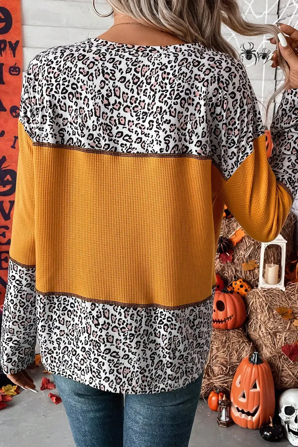 Vibrant Orange Leopard Print Waffle Knit Top