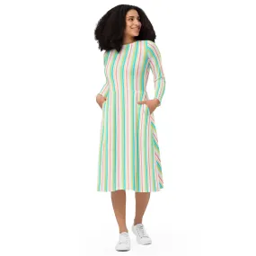 Vibrant Pastel Striped long sleeve midi dress