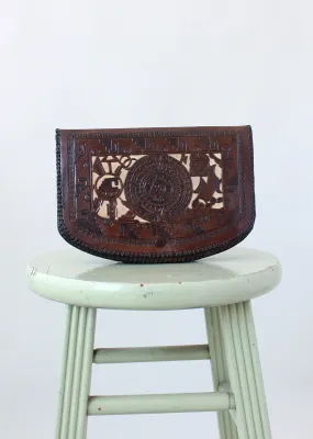 Vintage 1930s Mexican Two Toned Tooled Leather Clutch Purse