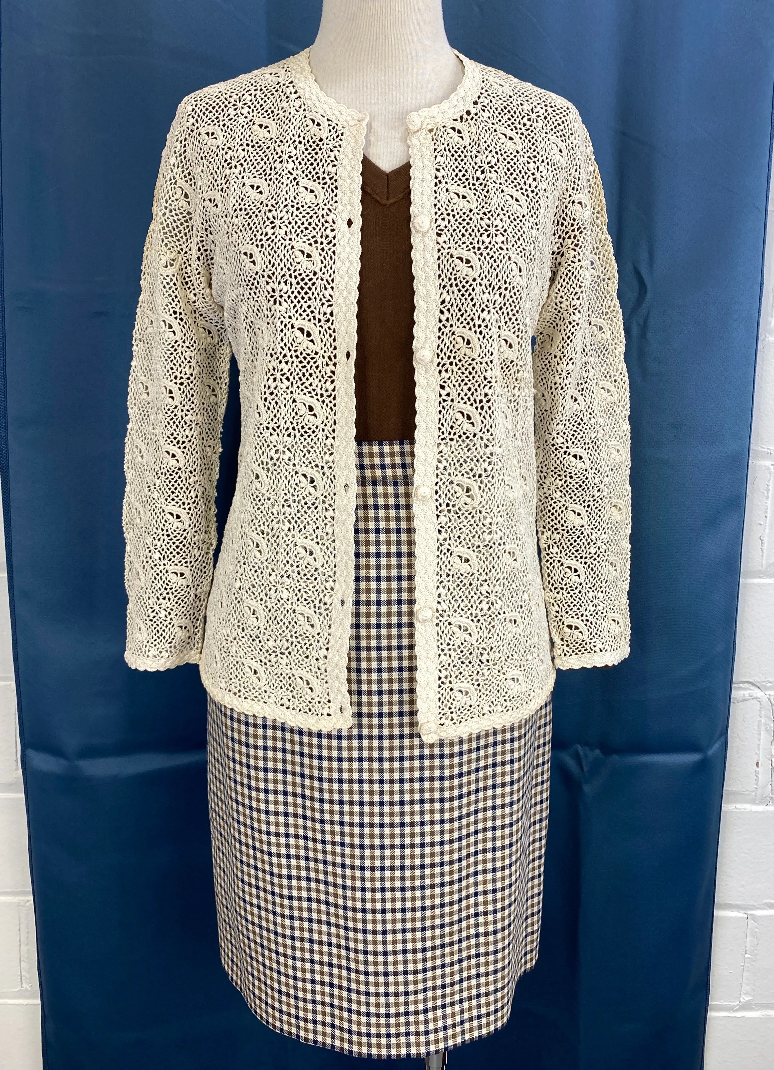 Vintage 1960s Cream Cotton Irish Crochet Lace Cardigan, XS