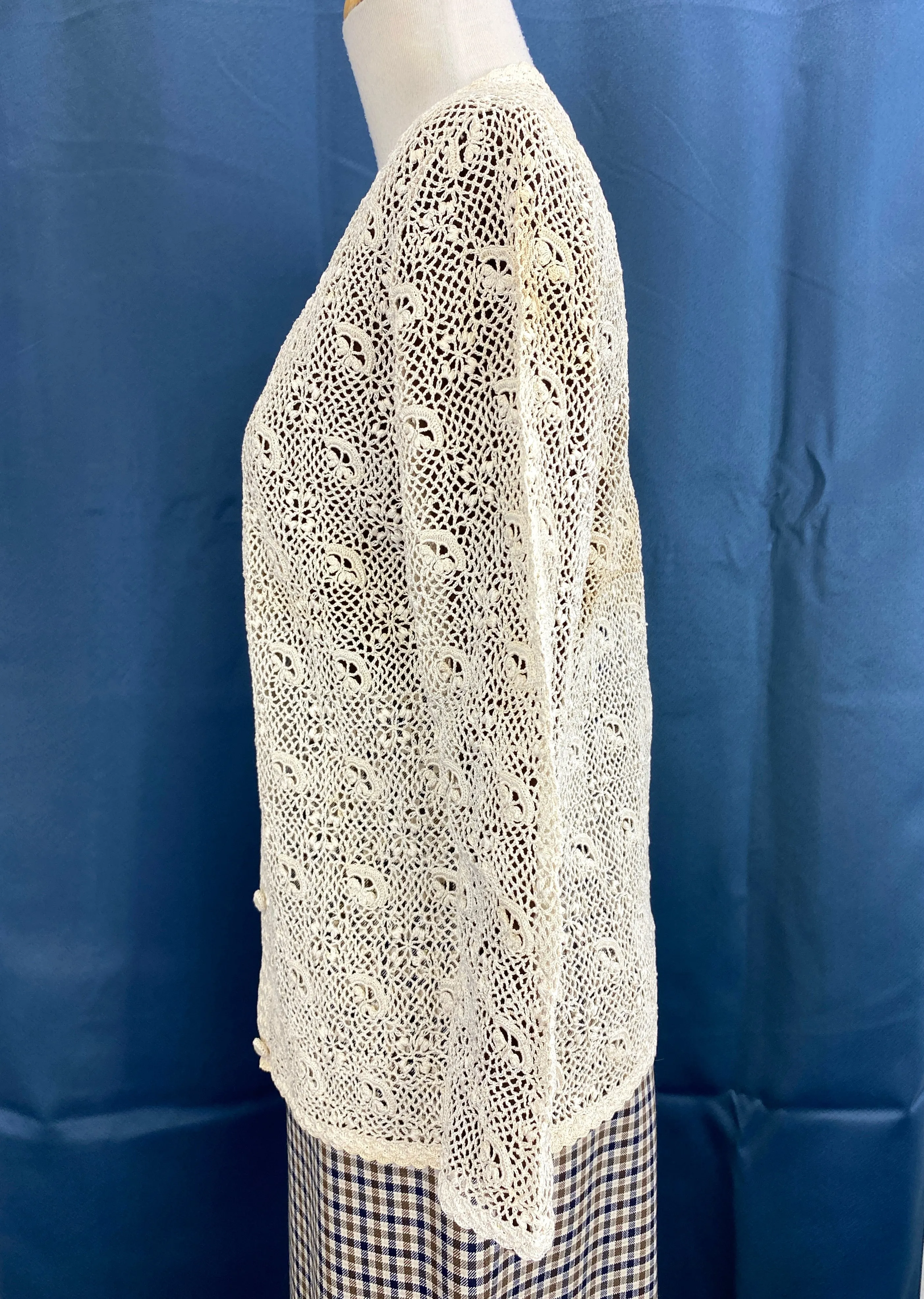 Vintage 1960s Cream Cotton Irish Crochet Lace Cardigan, XS