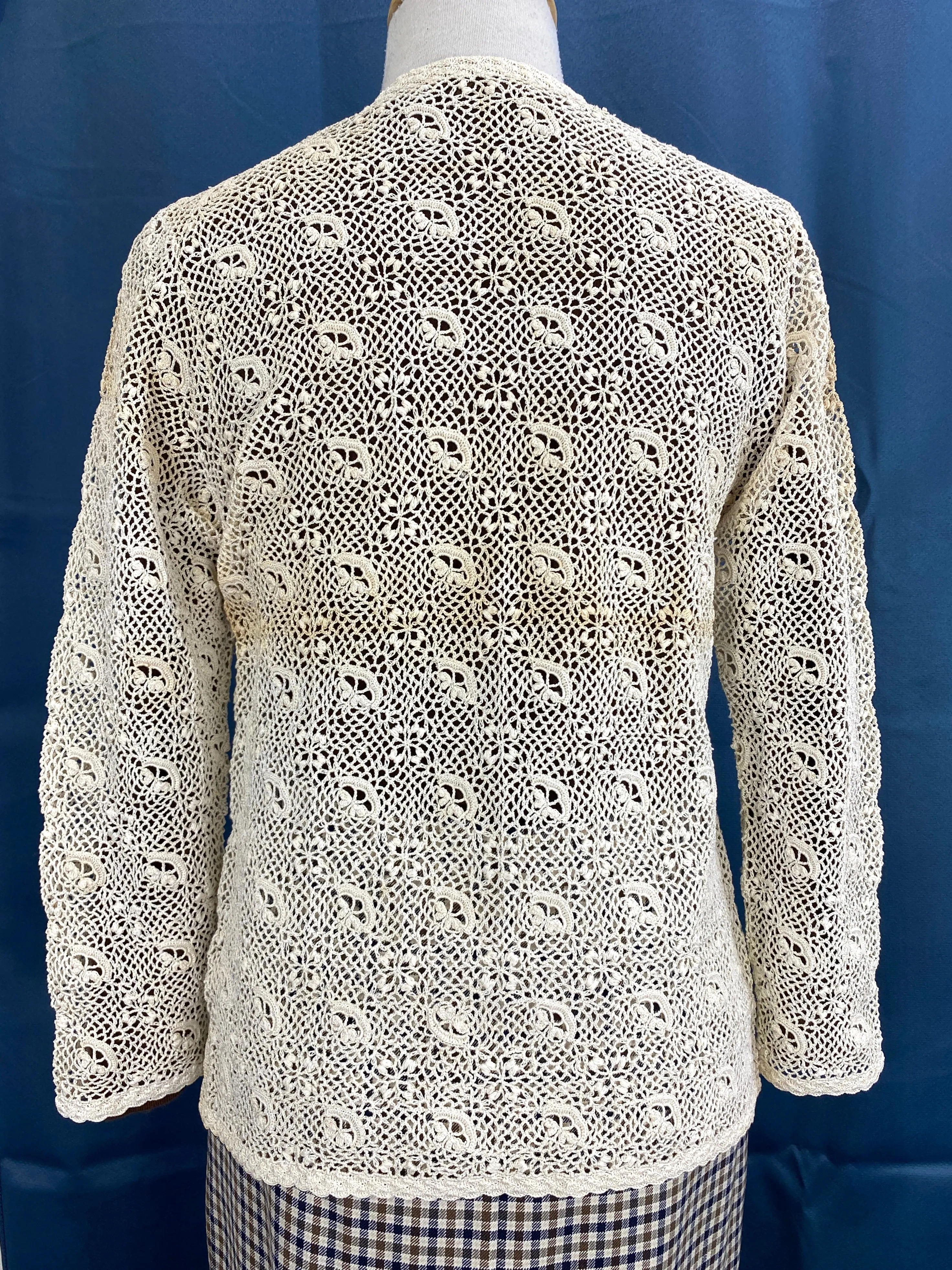 Vintage 1960s Cream Cotton Irish Crochet Lace Cardigan, XS