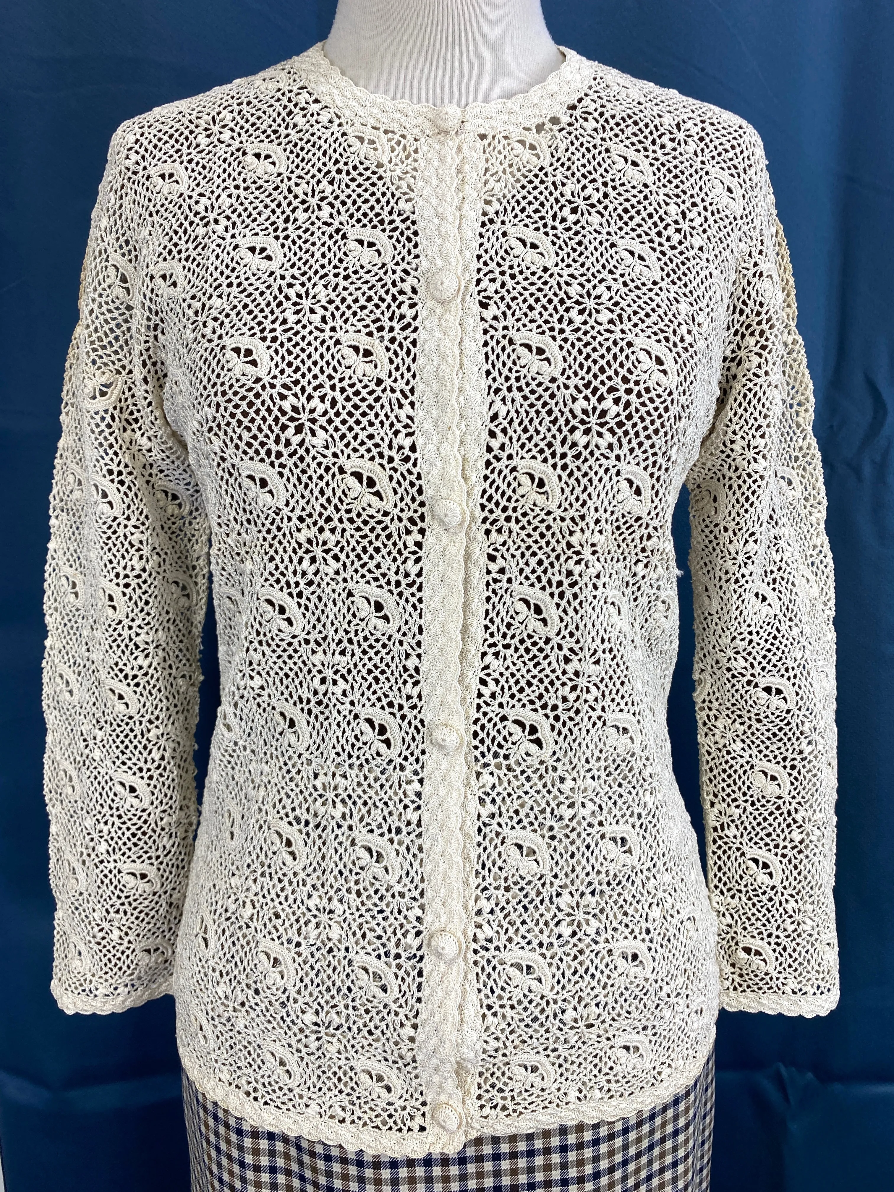 Vintage 1960s Cream Cotton Irish Crochet Lace Cardigan, XS