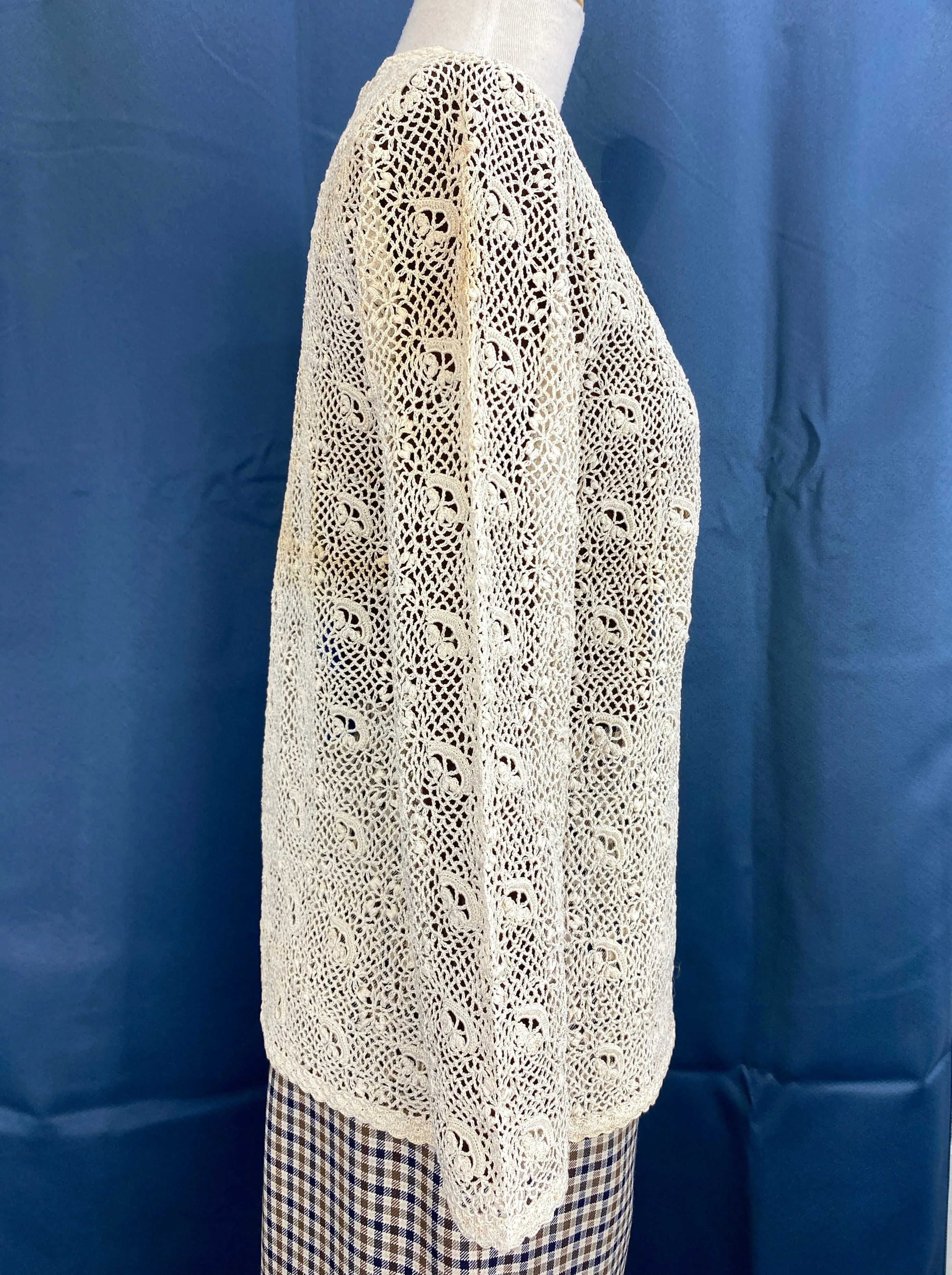 Vintage 1960s Cream Cotton Irish Crochet Lace Cardigan, XS