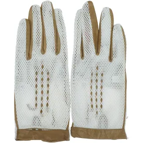 Vintage 1960s Italian Gloves White Nylon Mesh &amp; Brown Leather Italy Unused Sz 7