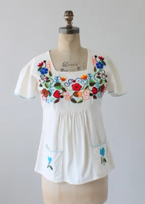 Vintage 1970s Embroidered Cotton Babydoll Shirt