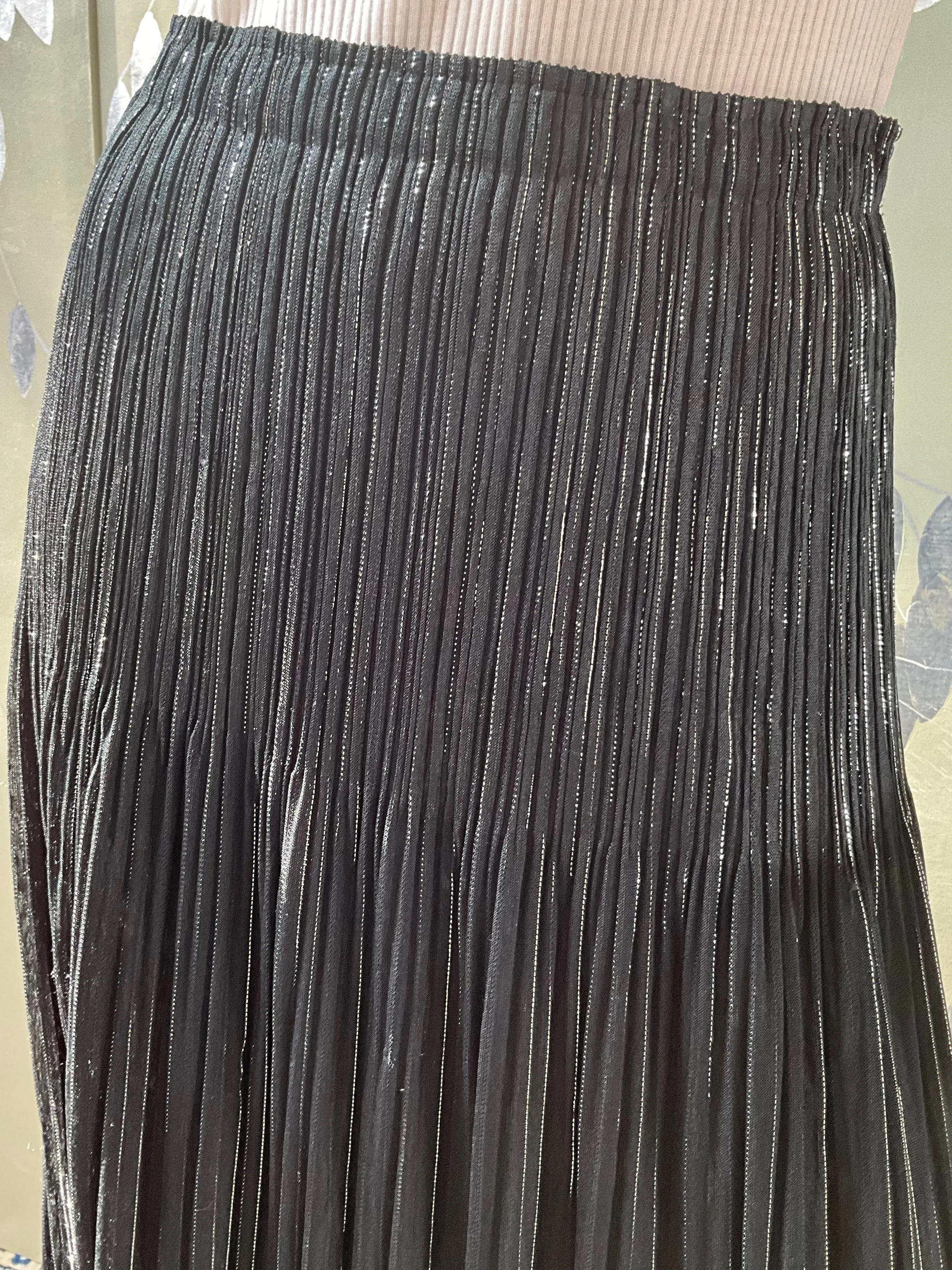 Vintage 1990s Issey Miyake Black and Silver Metallic Pleated Midi Skirt, Medium