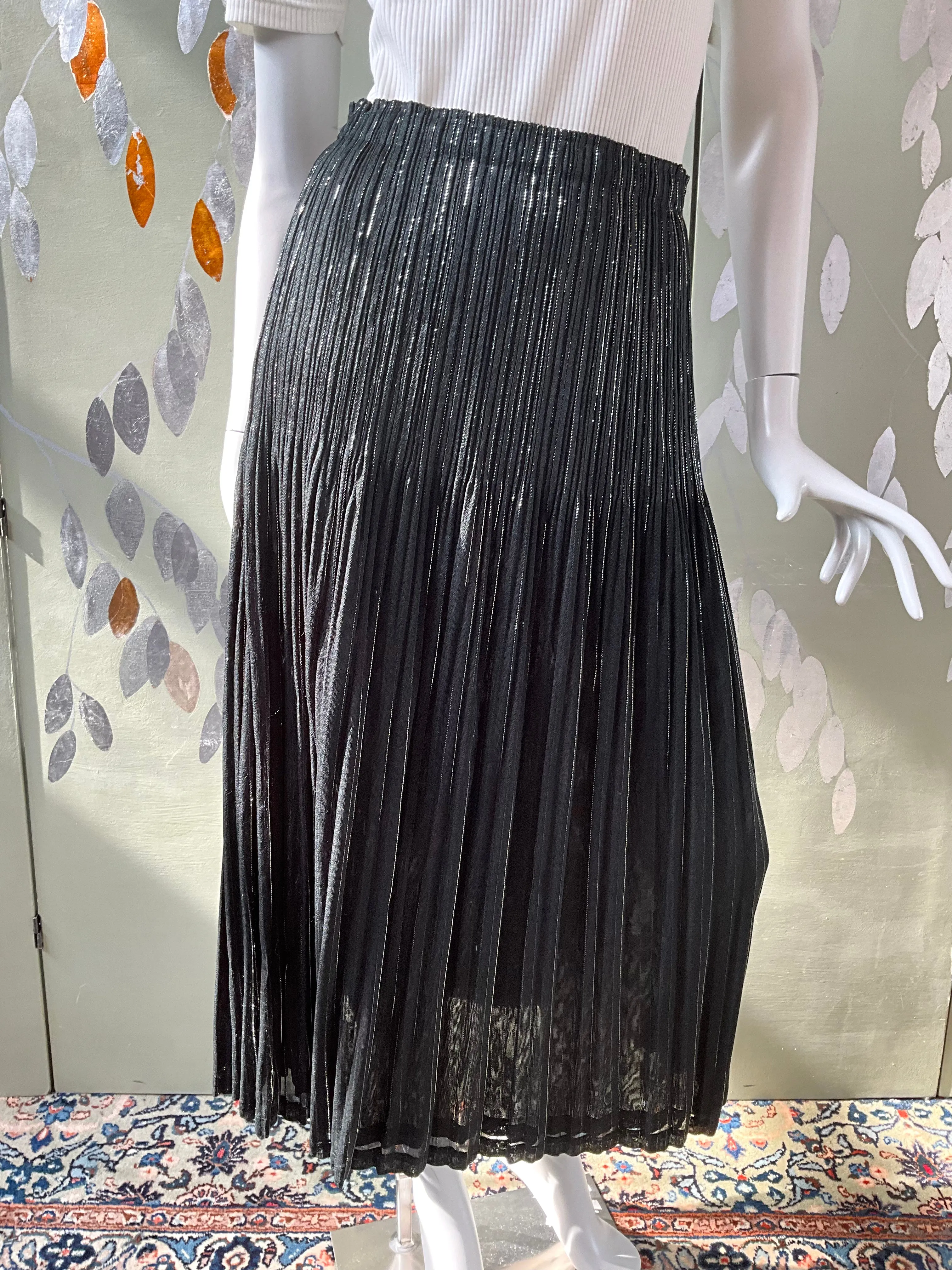Vintage 1990s Issey Miyake Black and Silver Metallic Pleated Midi Skirt, Medium