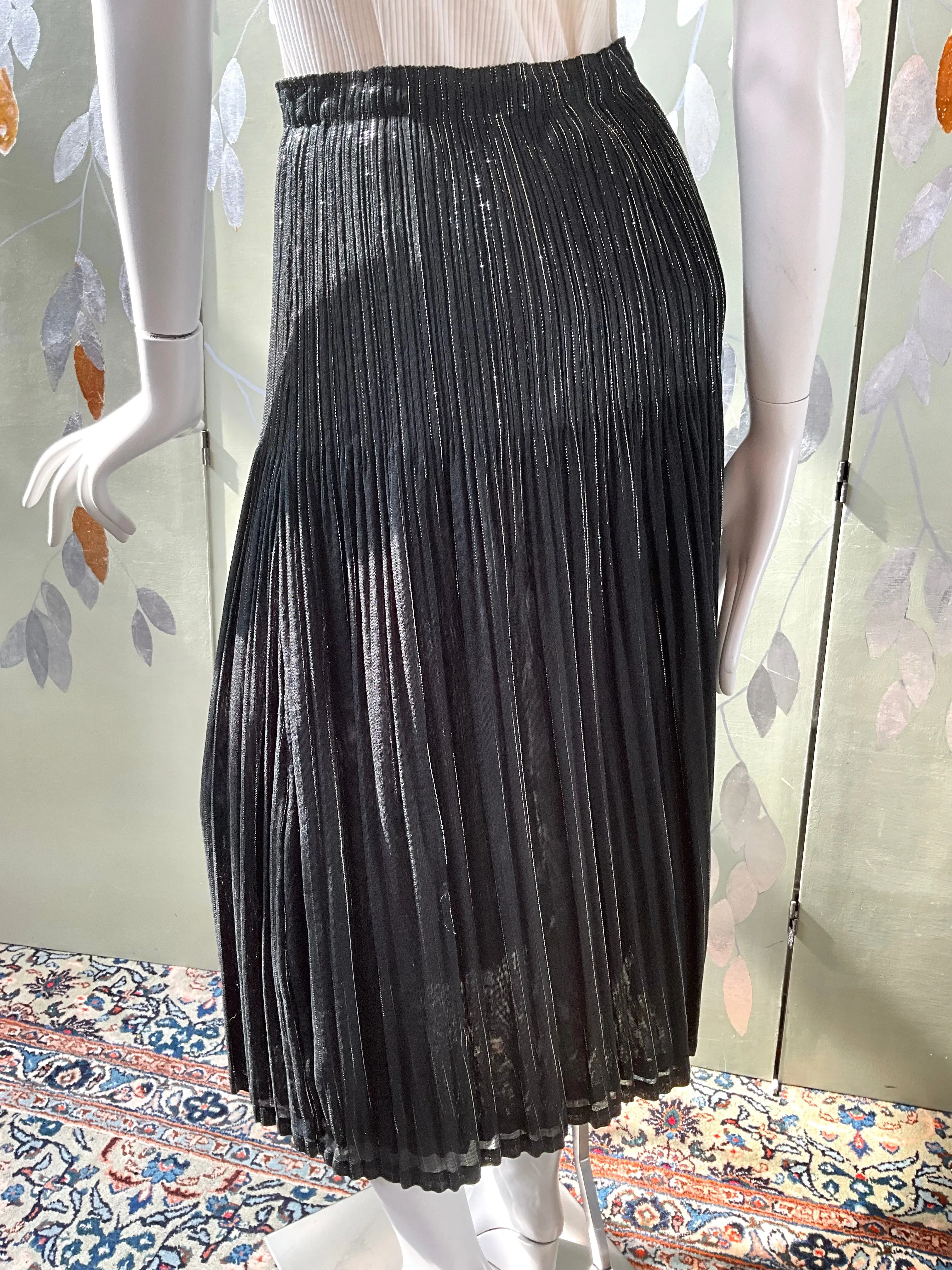Vintage 1990s Issey Miyake Black and Silver Metallic Pleated Midi Skirt, Medium