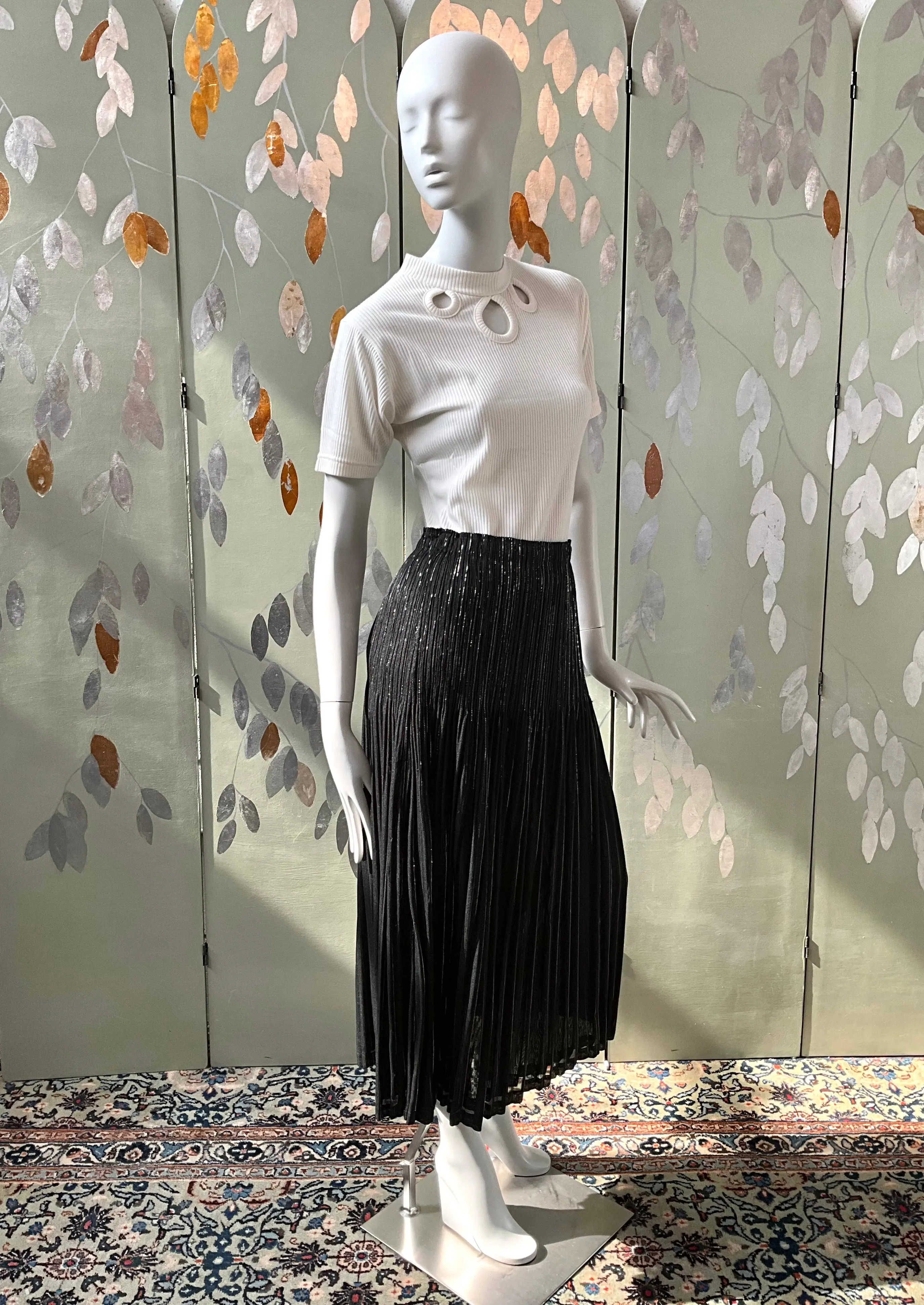 Vintage 1990s Issey Miyake Black and Silver Metallic Pleated Midi Skirt, Medium