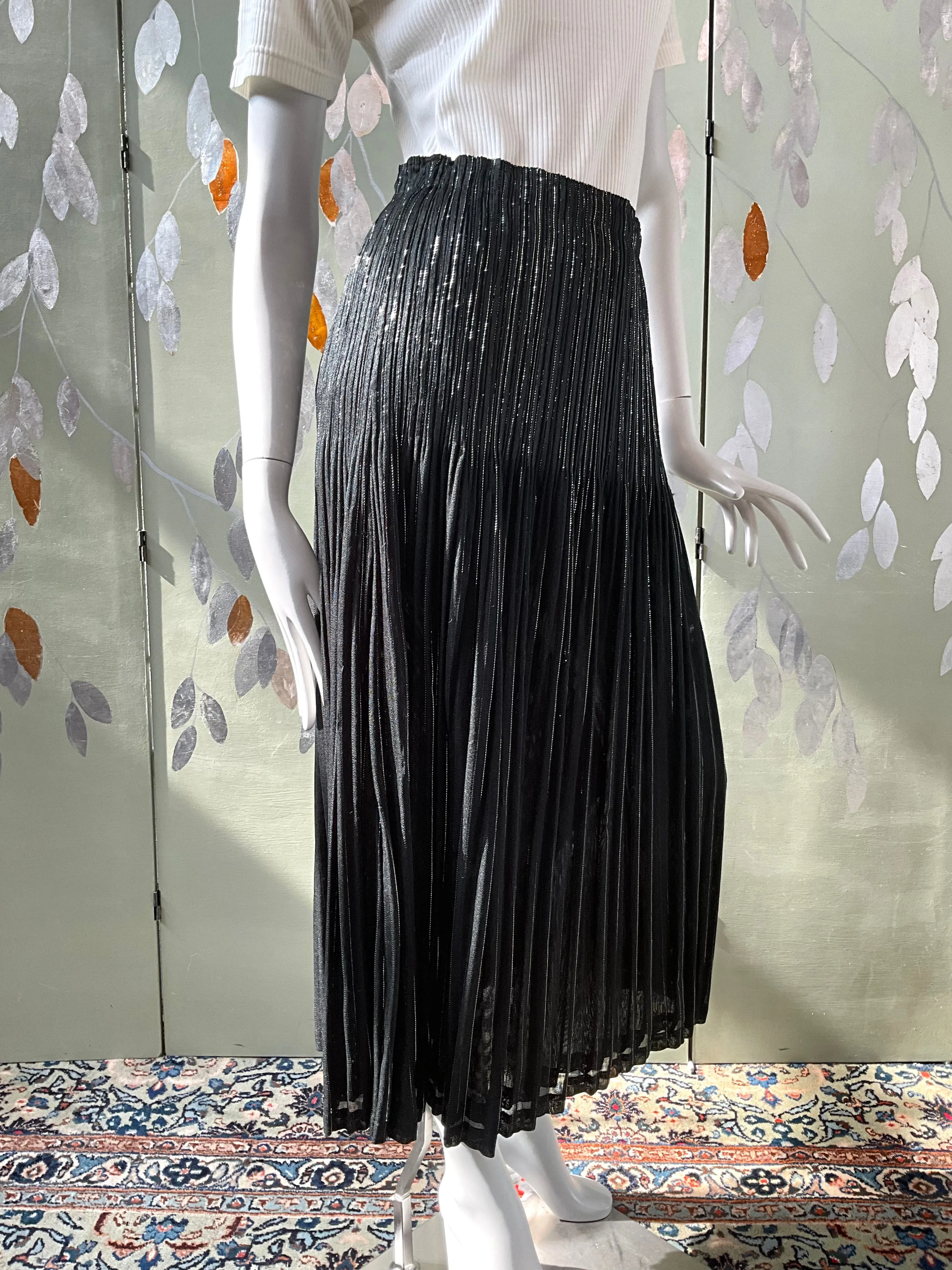 Vintage 1990s Issey Miyake Black and Silver Metallic Pleated Midi Skirt, Medium