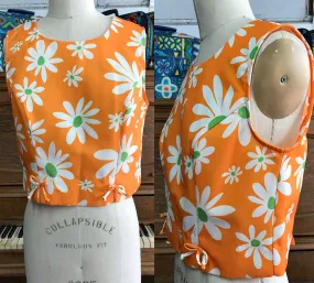 Vintage 60s 70s Go Go Orange Daisy Flower Power Disco Boho Mod Blouse Crop Top Retro Psychedelic