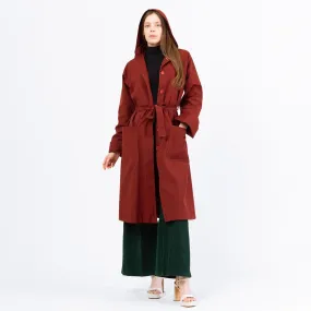 Vintage 70s Rust Red Hooded & Belted Trench Coat - Medium