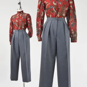 Vintage 80s Ungaro Paris Wool Pants Blue Gray High Waisted Pleated Front Trousers size Medium