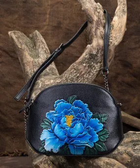 Vintage Blue Peony Embossing Calf Leather Satchel Bag Handbag