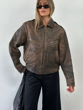 Vintage Distressed Leather Bomber Jacket - M/L