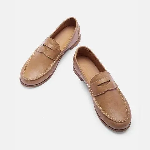 Vintage Leather Splicing Low Heel Slip On Loafers