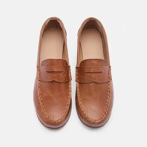 Vintage Leather Splicing Low Heel Slip On Loafers