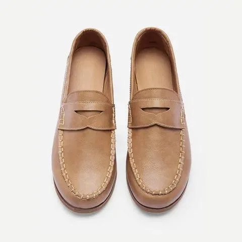 Vintage Leather Splicing Low Heel Slip On Loafers
