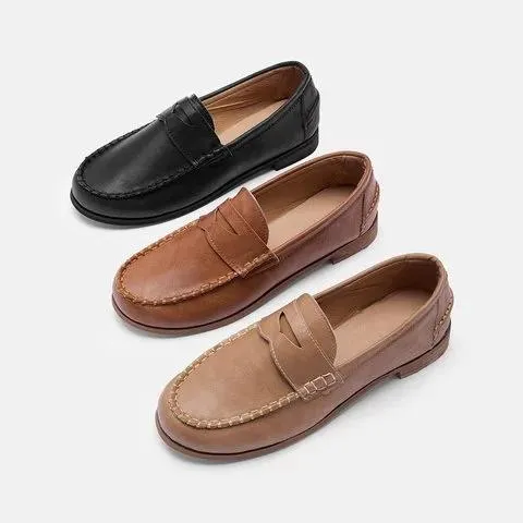 Vintage Leather Splicing Low Heel Slip On Loafers