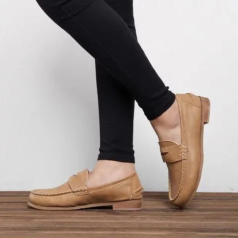 Vintage Leather Splicing Low Heel Slip On Loafers