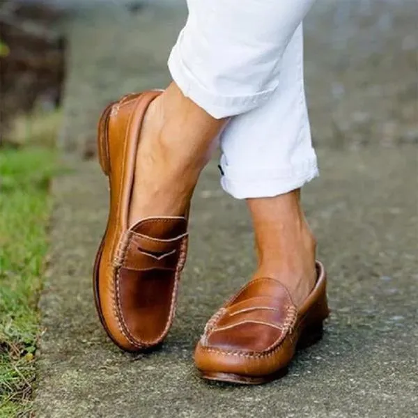 Vintage Leather Splicing Low Heel Slip On Loafers