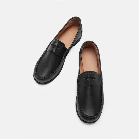 Vintage Leather Splicing Low Heel Slip On Loafers