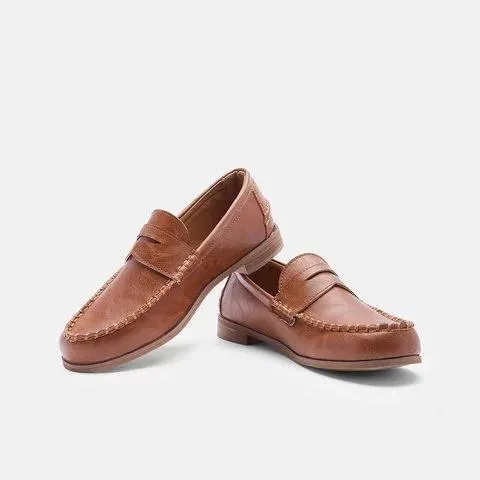 Vintage Leather Splicing Low Heel Slip On Loafers