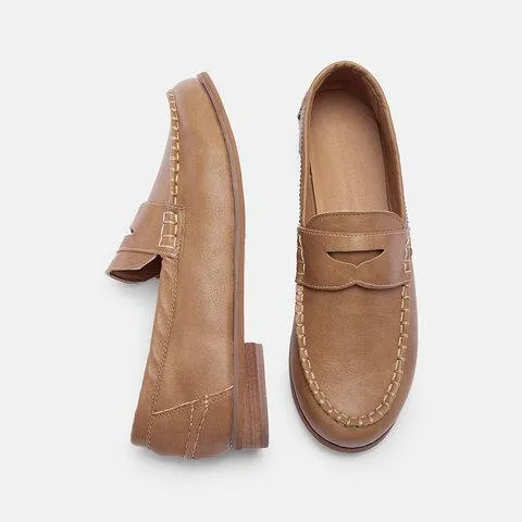 Vintage Leather Splicing Low Heel Slip On Loafers