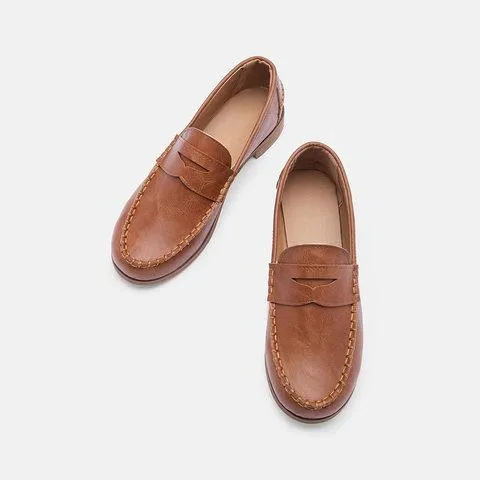 Vintage Leather Splicing Low Heel Slip On Loafers